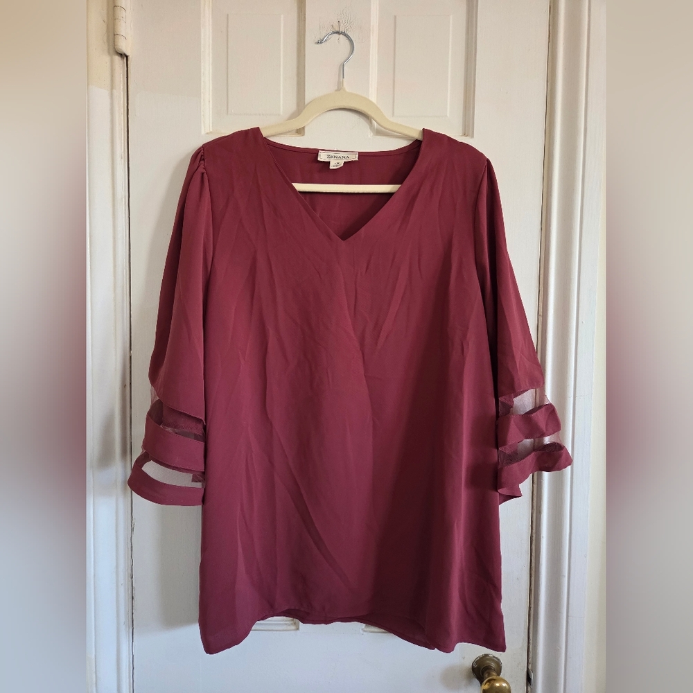 Zenana Outfitters Burgundy Blouse with Sheer Sleeves